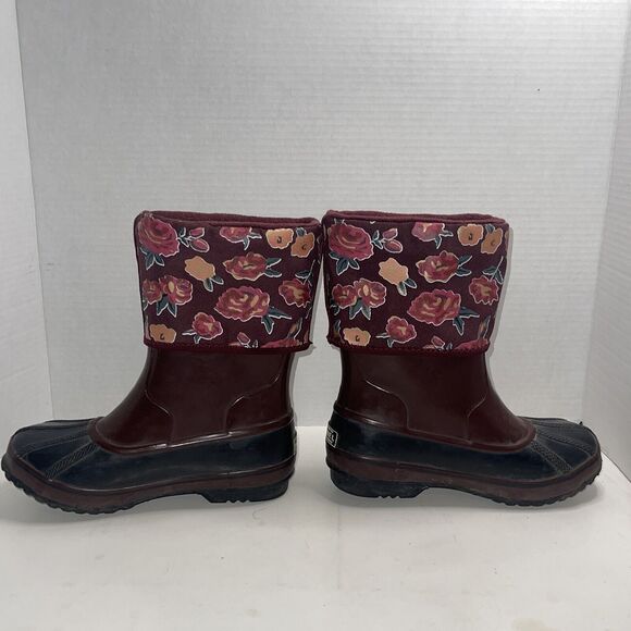Sorel Maroon Floral Waterproof Slip-On Snow Boots Size 3 Fleece Lined - Picture 2 of 9